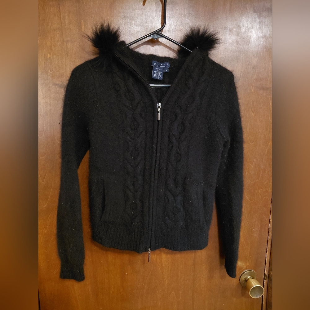 Magaschoni Black 70% Wool-30% Cashmere Sweater With Oversized Fur LinedHood SOFT